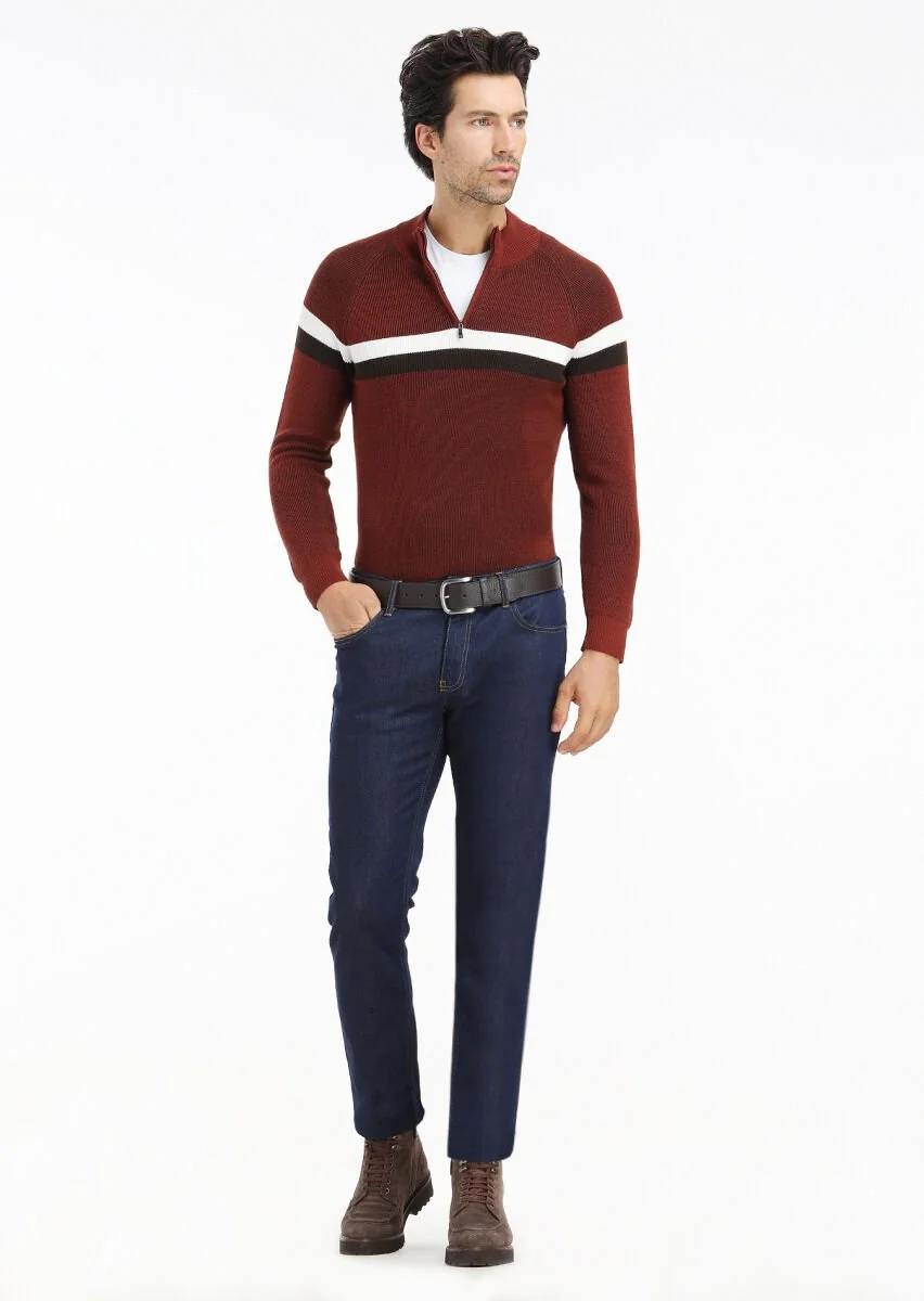 Koyu İndigo Düz Slim Fit Denim Pamuk Karışımlı Pantolon - 2