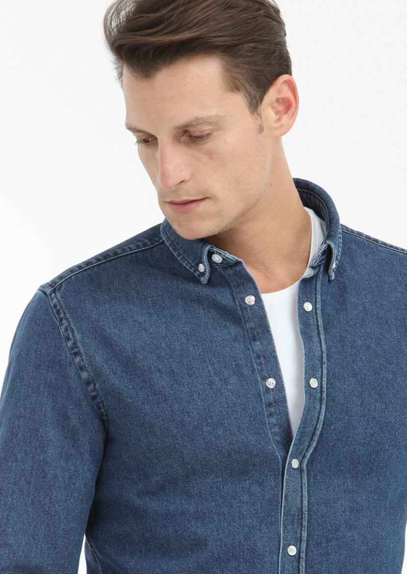 Koyu İndigo Regular Fit Uzun Denim %100 Pamuk Gömlek - 4
