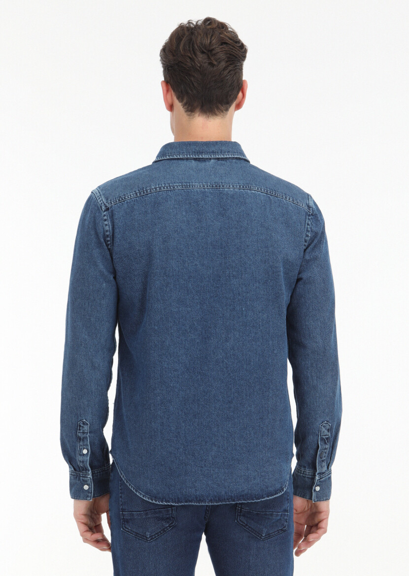 Koyu İndigo Regular Fit Uzun Denim %100 Pamuk Gömlek - 5