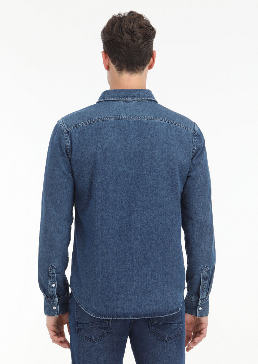 Koyu İndigo Regular Fit Uzun Denim %100 Pamuk Gömlek - 5