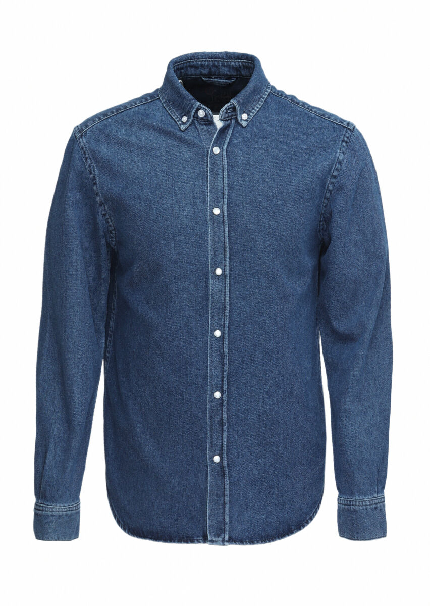 Koyu İndigo Regular Fit Uzun Denim %100 Pamuk Gömlek - 6