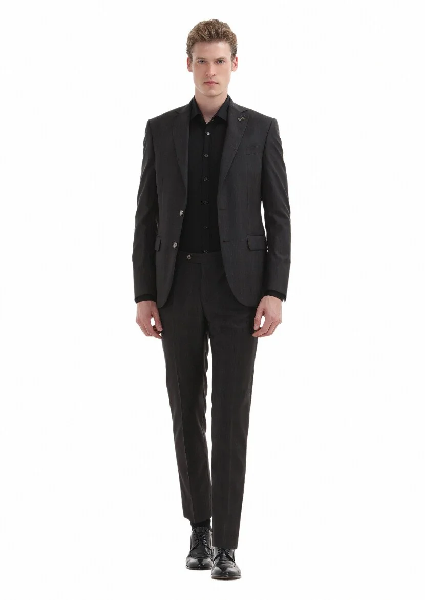 Koyu Kahve Kareli Modern Fit %100 Yün Takım Elbise - 1