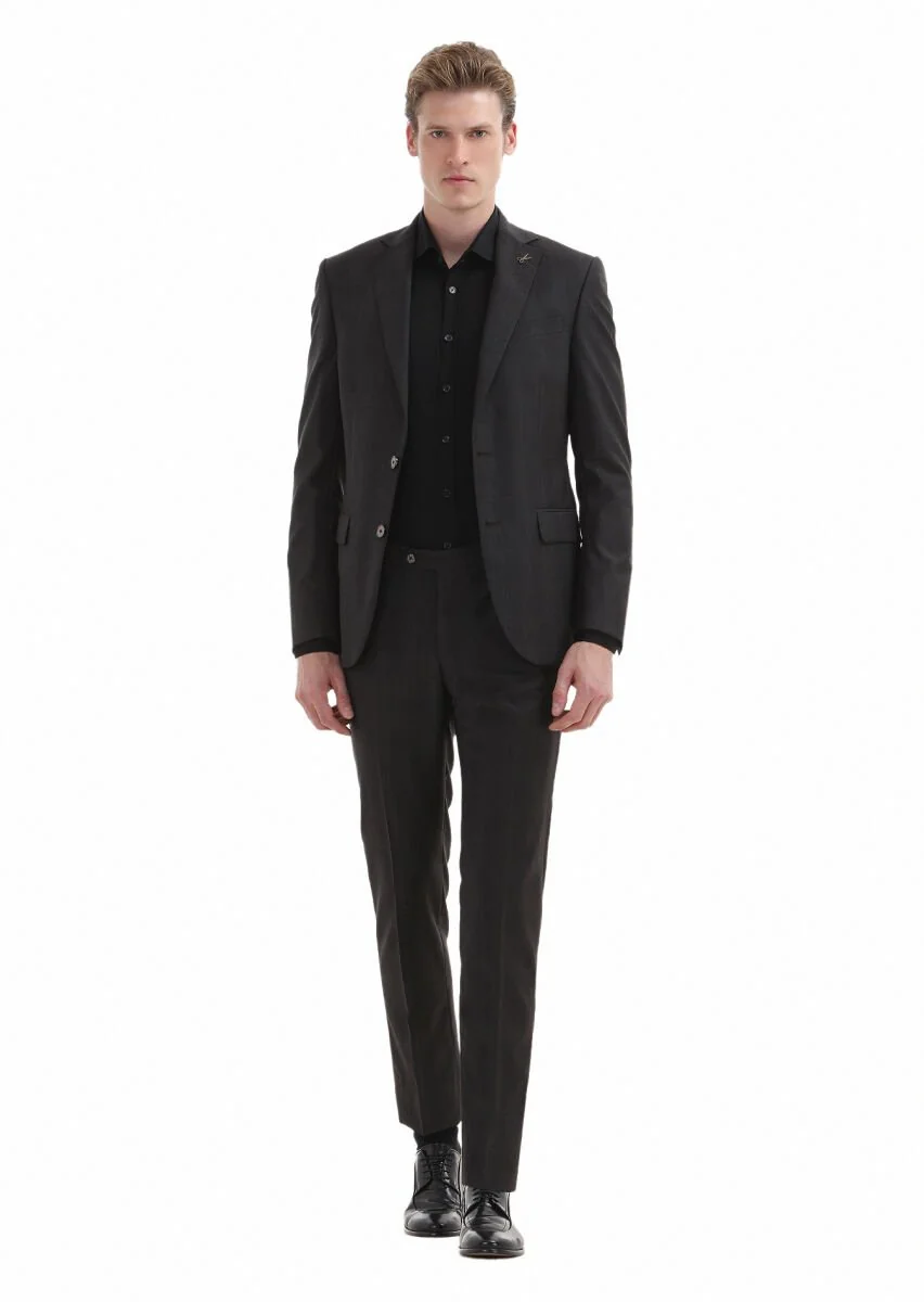 Koyu Kahve Kareli Modern Fit %100 Yün Takım Elbise - 1