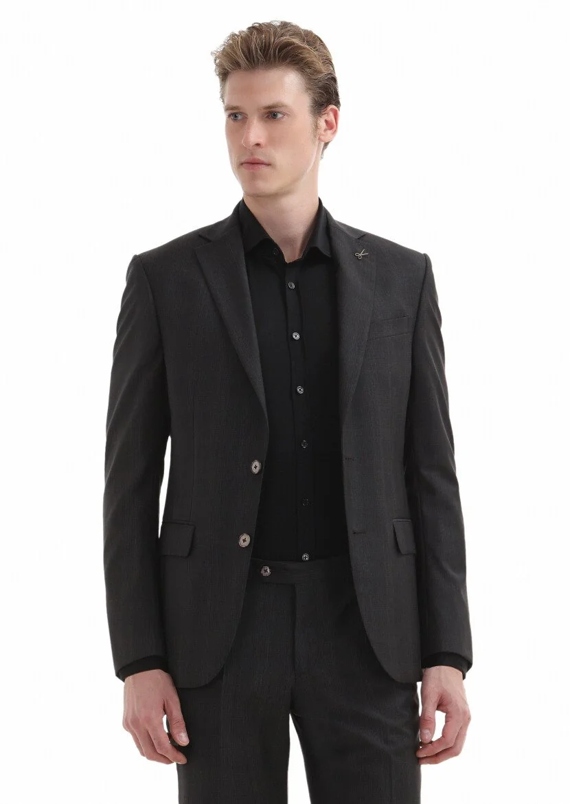 Koyu Kahve Kareli Modern Fit %100 Yün Takım Elbise - 2