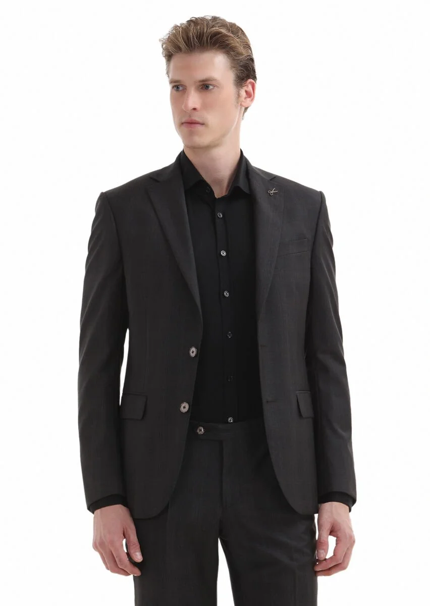 Koyu Kahve Kareli Modern Fit %100 Yün Takım Elbise - 2
