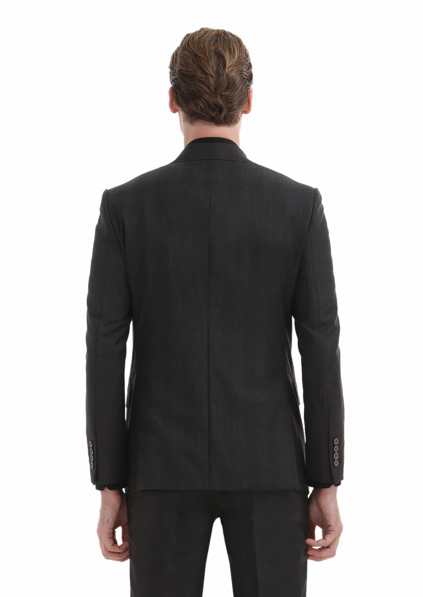 Koyu Kahve Kareli Modern Fit %100 Yün Takım Elbise - 5