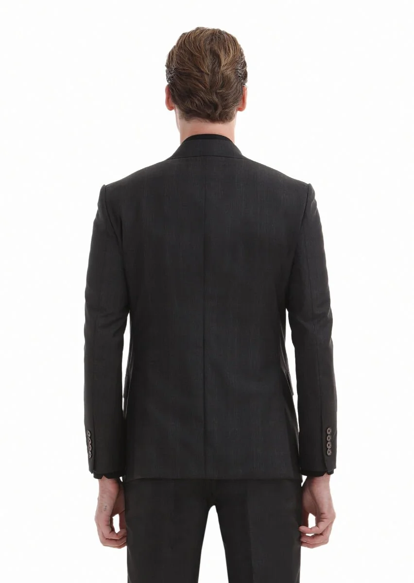 Koyu Kahve Kareli Modern Fit %100 Yün Takım Elbise - 5