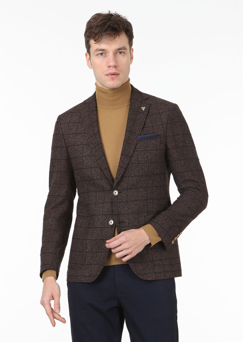 Koyu Kahve Kareli Zeroweight Slim Fit Yün Karışımlı Ceket - 1