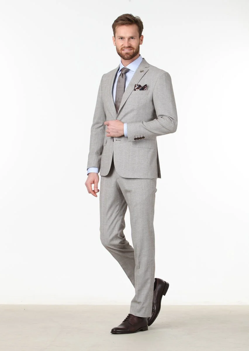 Koyu Kahve Kareli Zeroweight Slim Fit Yün Karışımlı Takım Elbise - 2