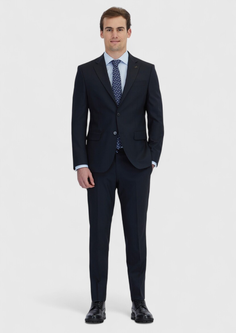 Koyu Lacivert Çizgili Modern Fit Yün Karışımlı Takım Elbise - RAMSEY