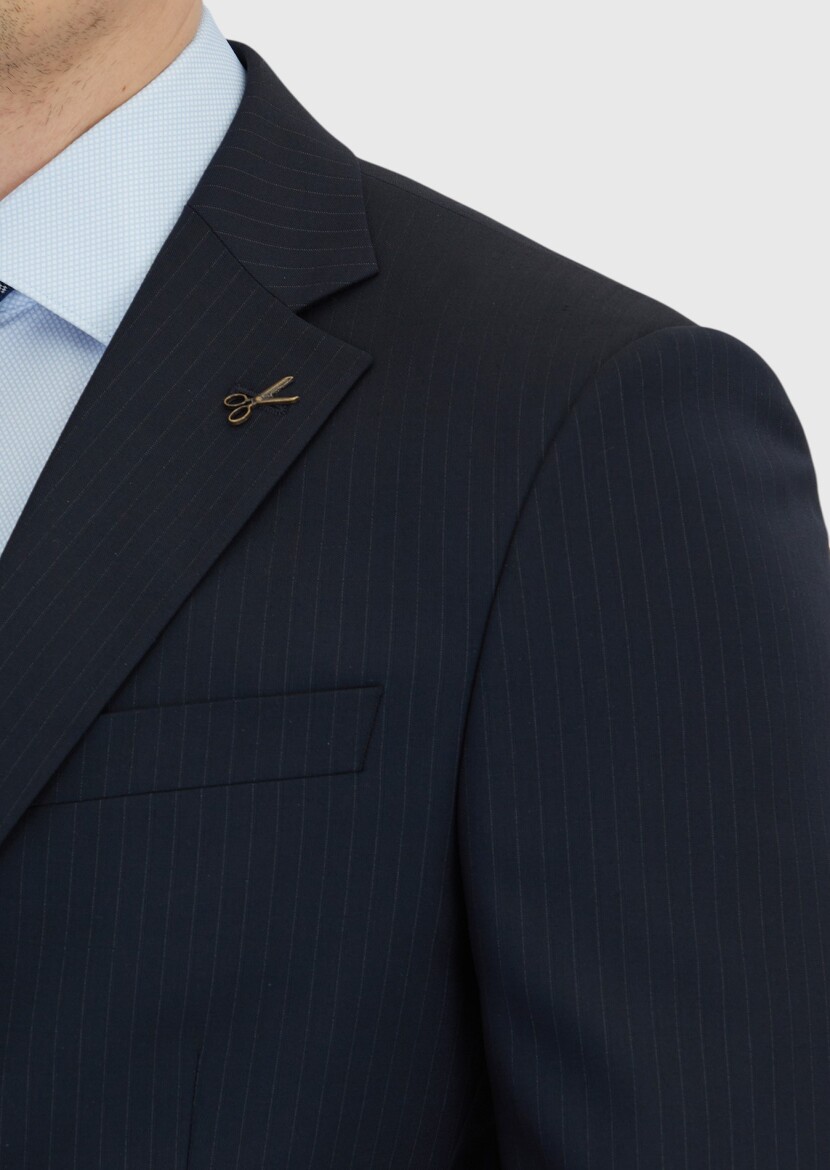 Koyu Lacivert Çizgili Modern Fit Yün Karışımlı Takım Elbise - 5