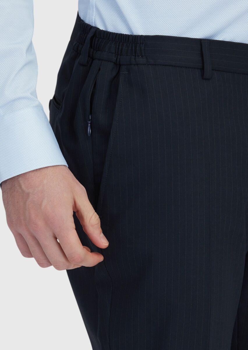 Koyu Lacivert Çizgili Modern Fit Yün Karışımlı Takım Elbise - 6