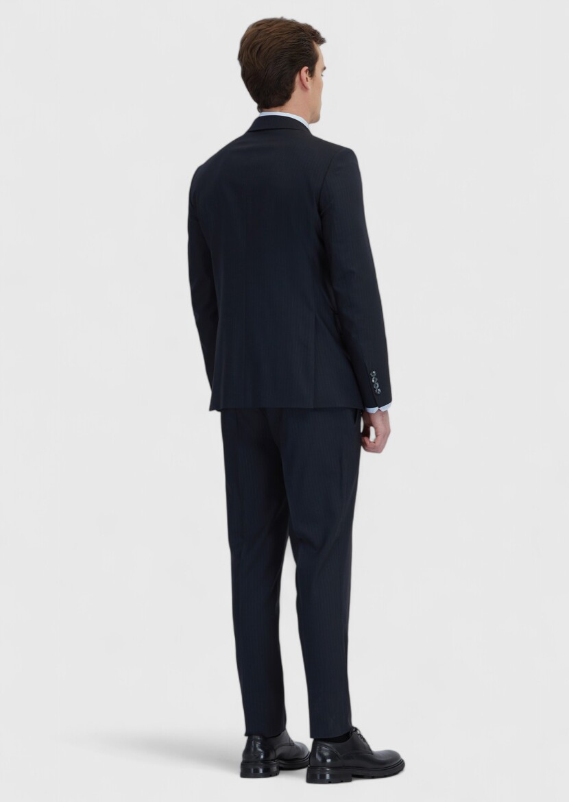 Koyu Lacivert Çizgili Modern Fit Yün Karışımlı Takım Elbise - 8