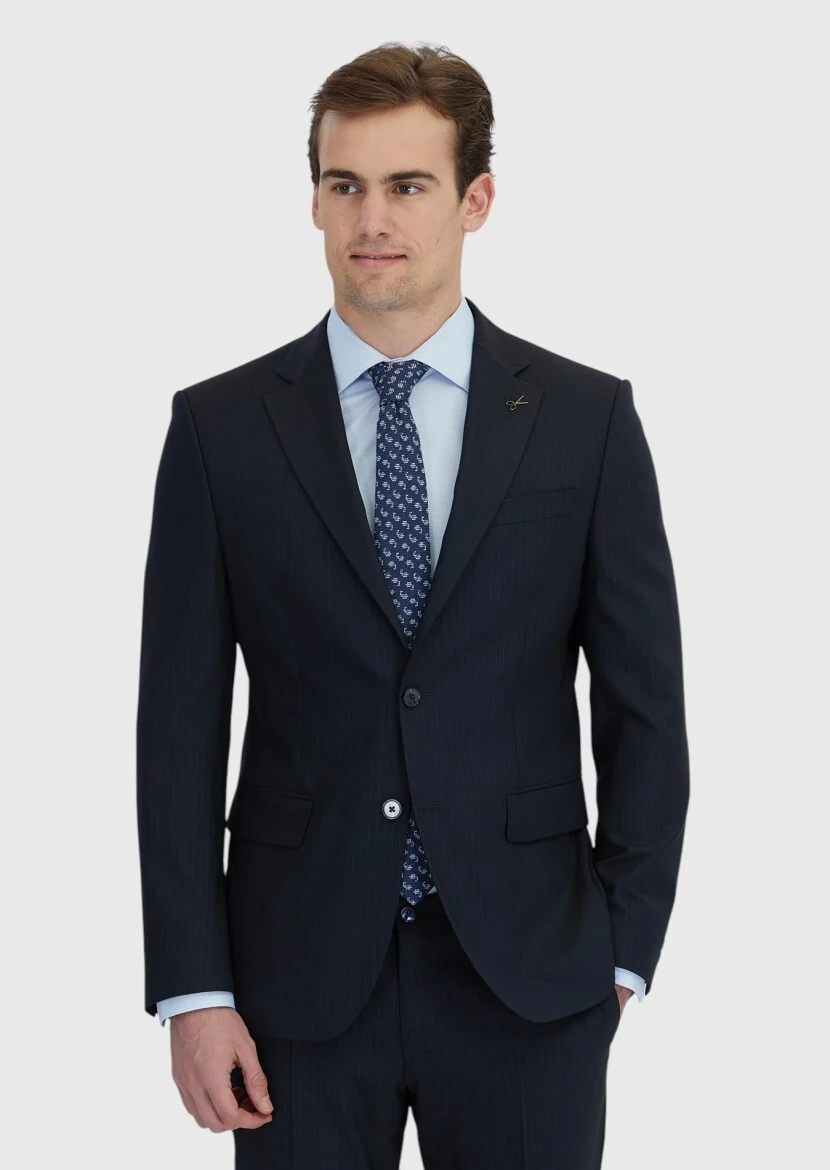 Koyu Lacivert Çizgili Modern Fit Yün Karışımlı Takım Elbise - 1