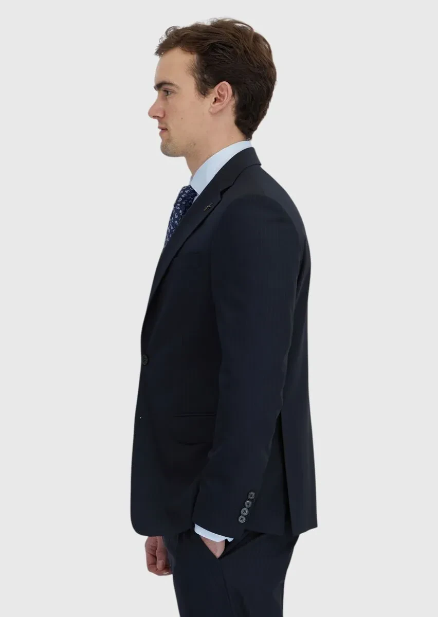 Koyu Lacivert Çizgili Modern Fit Yün Karışımlı Takım Elbise - 3