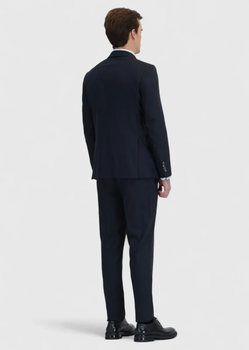 Koyu Lacivert Çizgili Modern Fit Yün Karışımlı Takım Elbise - 8