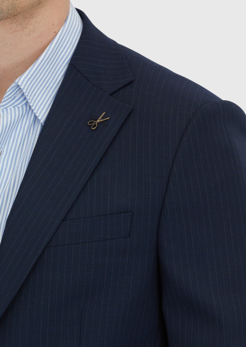 Koyu Lacivert Çizgili Modern Fit Yün Karışımlı Takım Elbise - 4