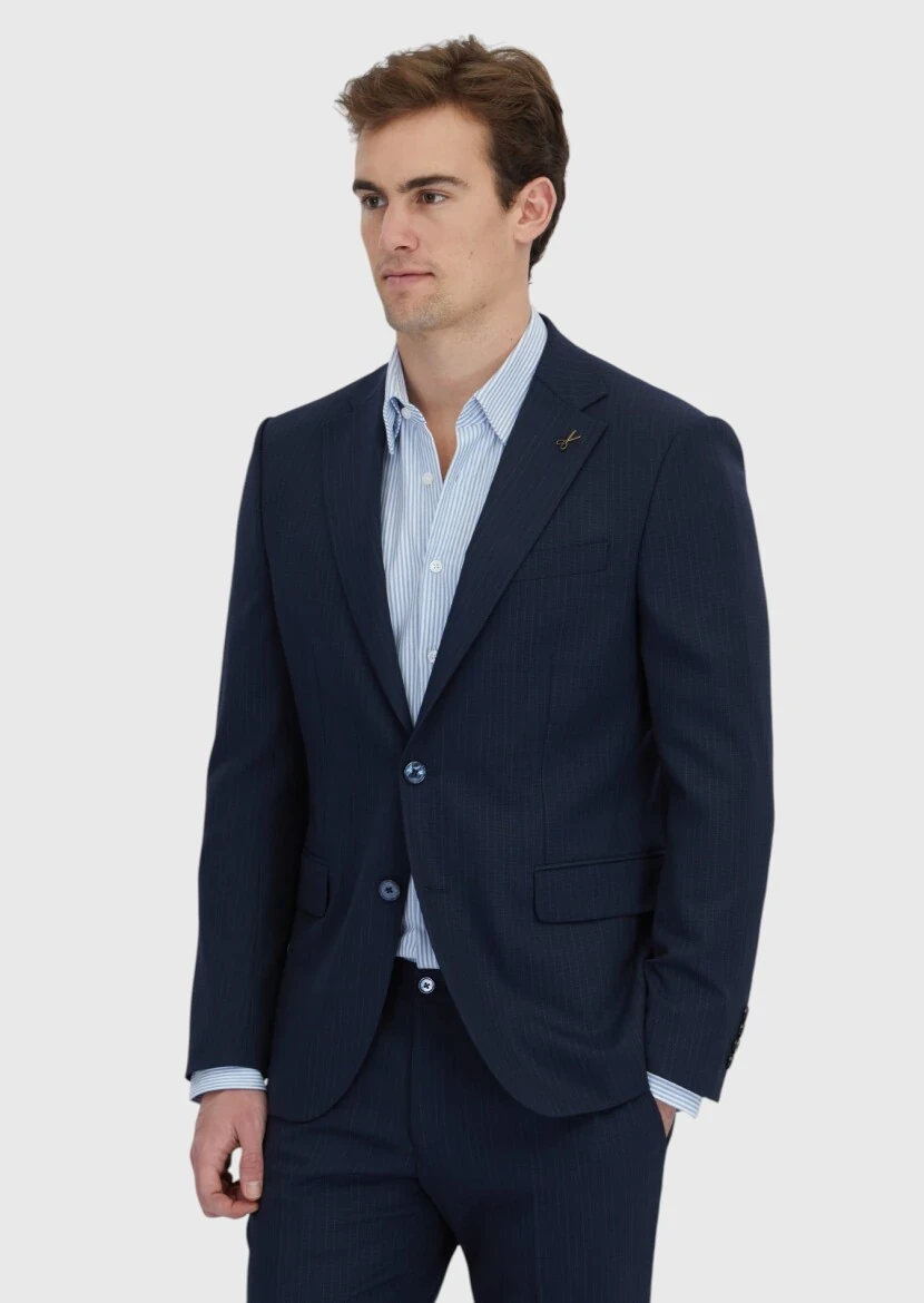 Koyu Lacivert Çizgili Modern Fit Yün Karışımlı Takım Elbise - 1
