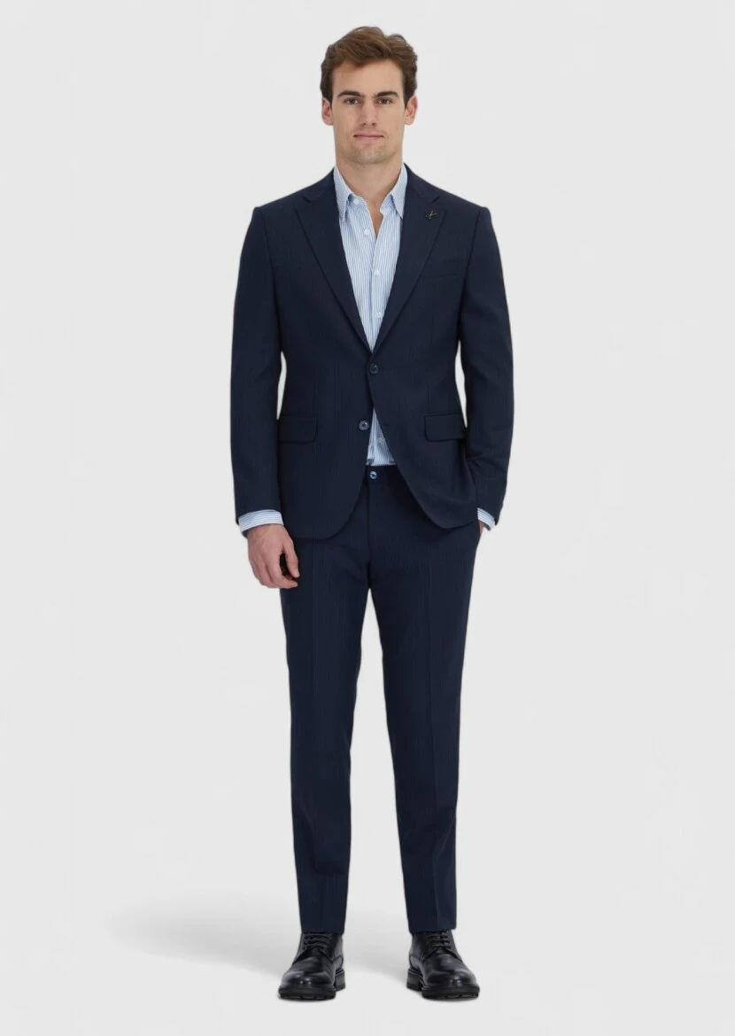 Koyu Lacivert Çizgili Modern Fit Yün Karışımlı Takım Elbise - 2