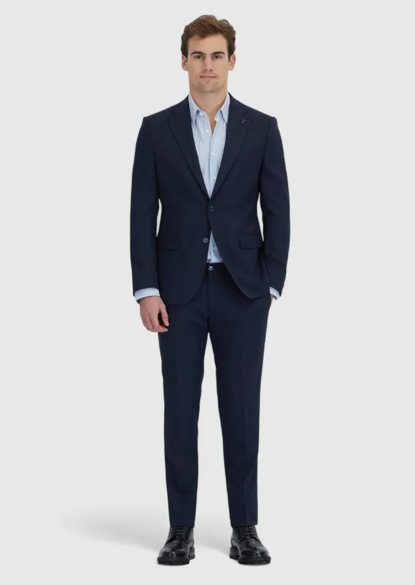 Koyu Lacivert Çizgili Modern Fit Yün Karışımlı Takım Elbise - 2