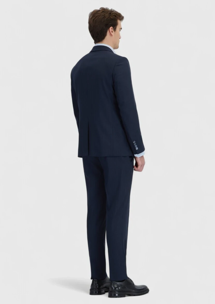 Koyu Lacivert Çizgili Modern Fit Yün Karışımlı Takım Elbise - 7