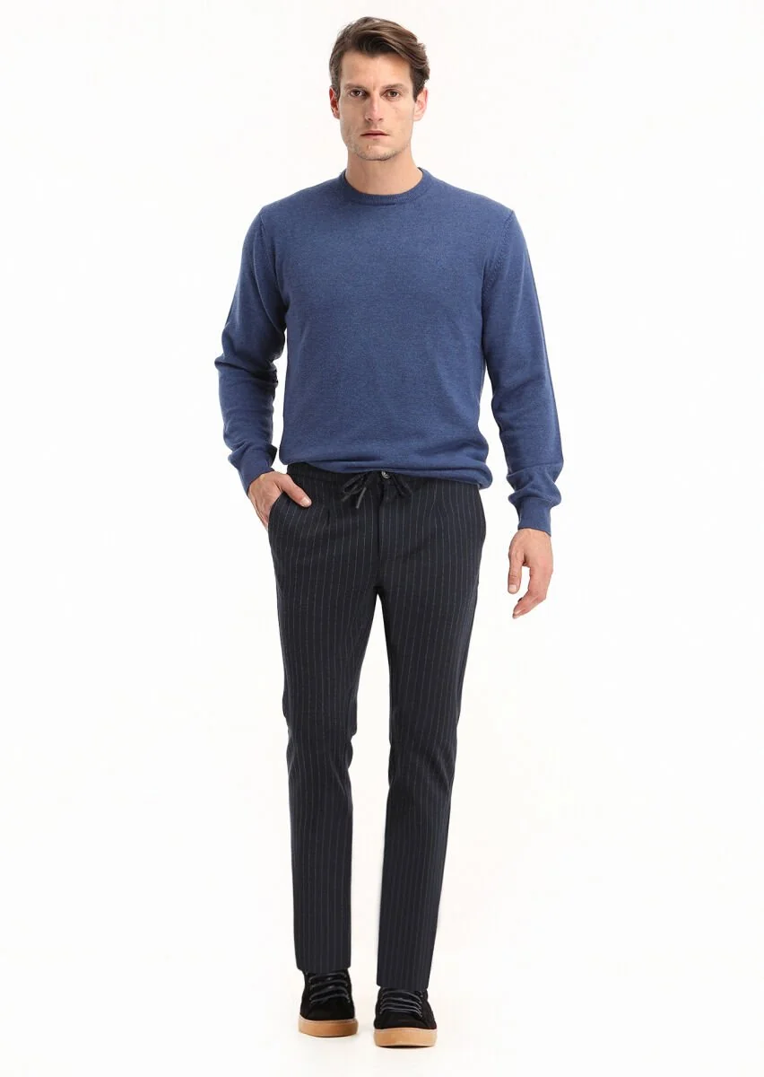 Koyu Lacivert Çizgili Örme Jogging Fit Casual Pantolon - 1