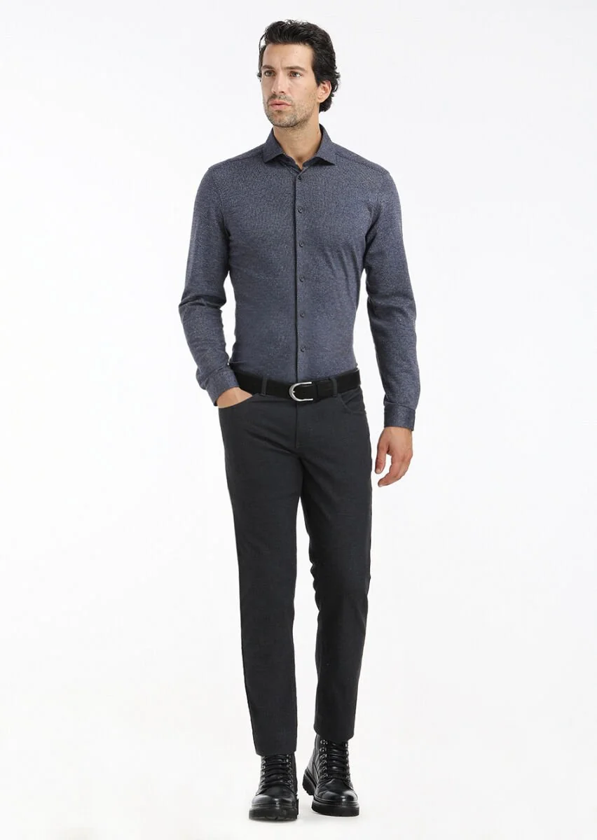 Koyu Lacivert Çizgili Slim Fit Casual Pamuk Karışımlı Gömlek - 1