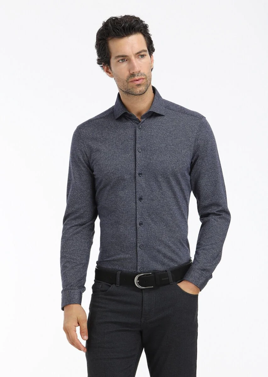Koyu Lacivert Çizgili Slim Fit Casual Pamuk Karışımlı Gömlek - 2