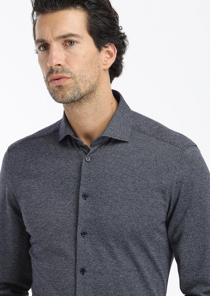 Koyu Lacivert Çizgili Slim Fit Casual Pamuk Karışımlı Gömlek - 3