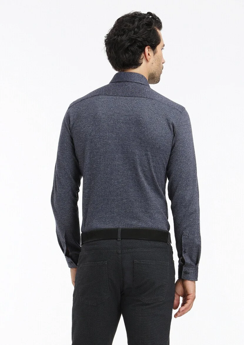 Koyu Lacivert Çizgili Slim Fit Casual Pamuk Karışımlı Gömlek - 4