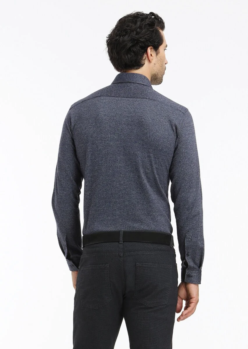 Koyu Lacivert Çizgili Slim Fit Casual Pamuk Karışımlı Gömlek - 4