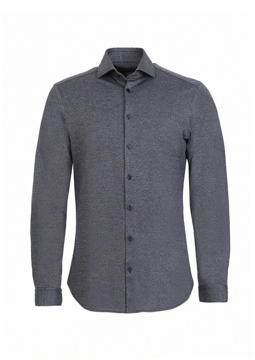 Koyu Lacivert Çizgili Slim Fit Casual Pamuk Karışımlı Gömlek - 5