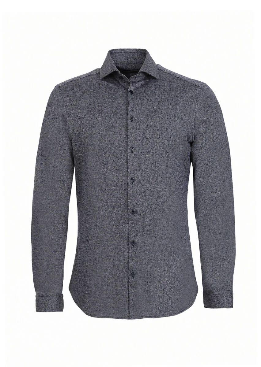 Koyu Lacivert Çizgili Slim Fit Casual Pamuk Karışımlı Gömlek - 5