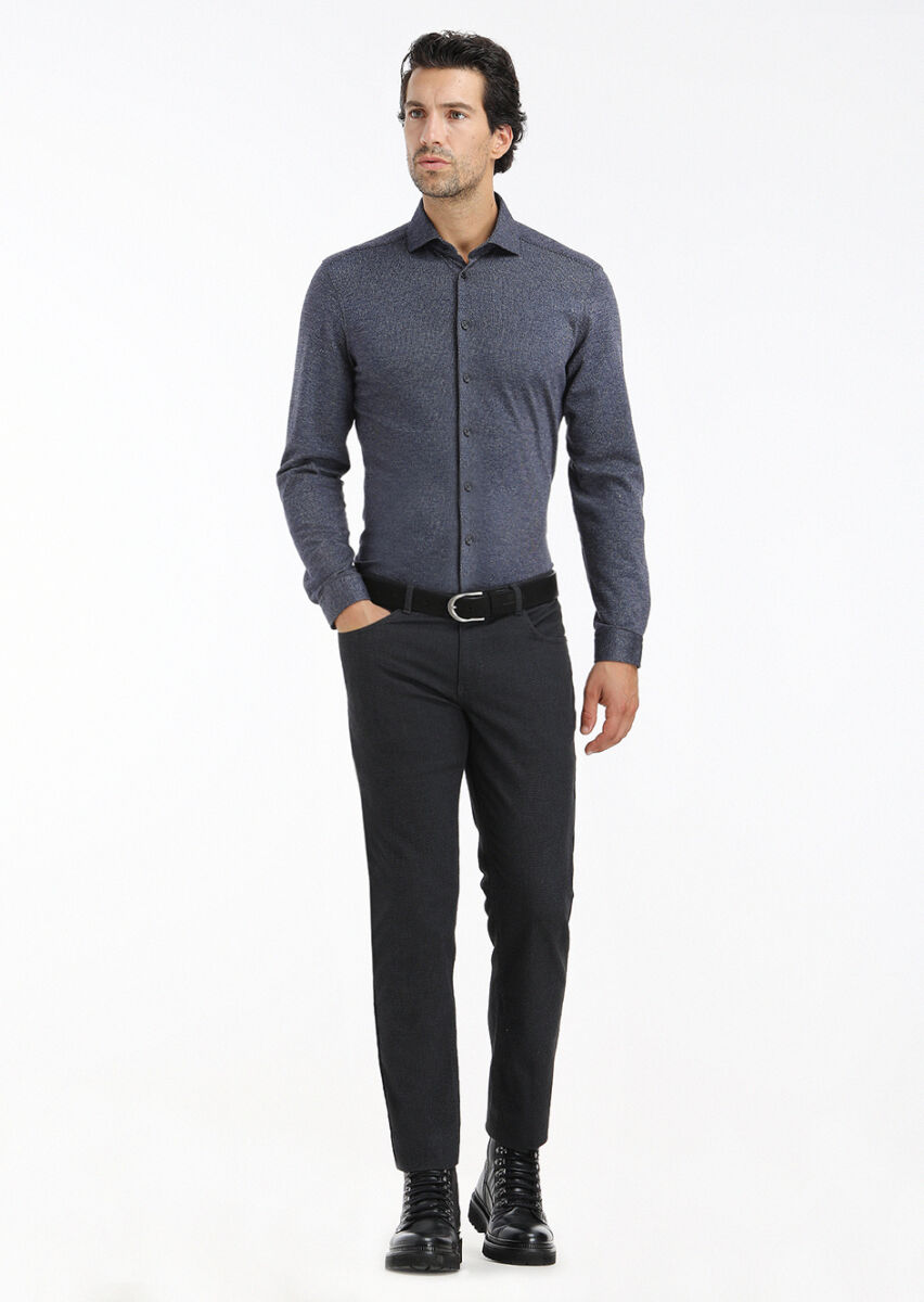 Koyu Lacivert Çizgili Slim Fit Uzun Casual Pamuk Karışımlı Gömlek - 1