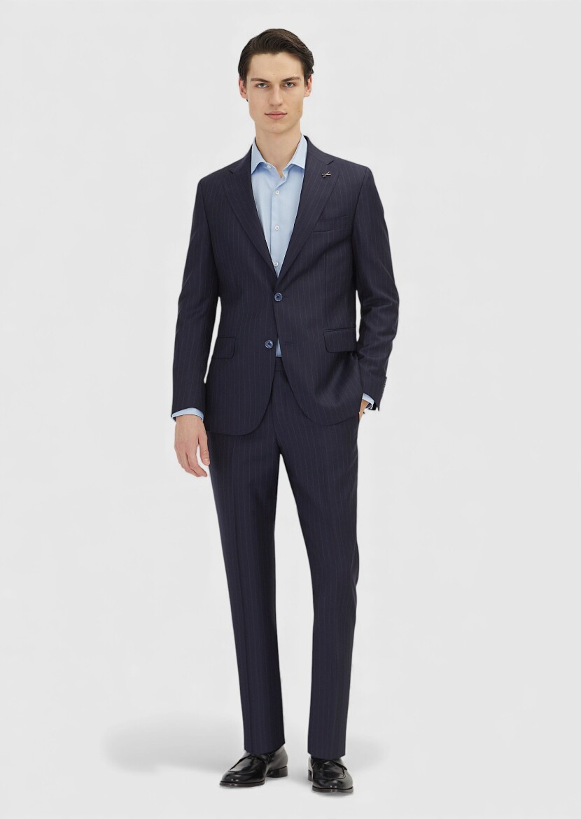 Koyu Lacivert Çizgili Zeroweight Slim Fit %100 Yün Takım Elbise - RAMSEY