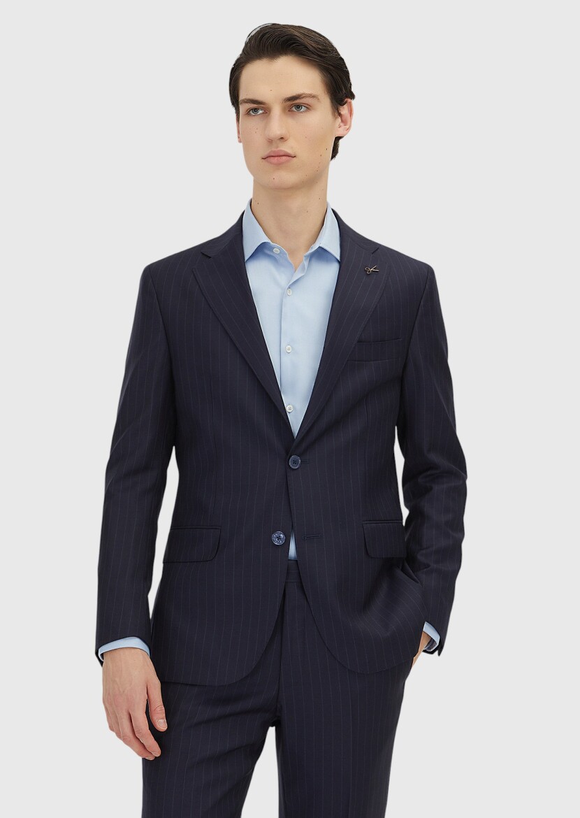 Koyu Lacivert Çizgili Zeroweight Slim Fit %100 Yün Takım Elbise - RAMSEY
