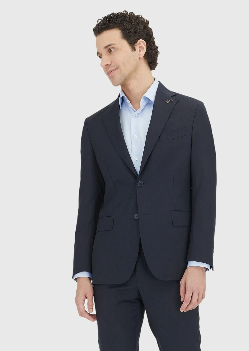 Koyu Lacivert Çizgili Zeroweight Slim Fit %100 Yün Takım Elbise - RAMSEY