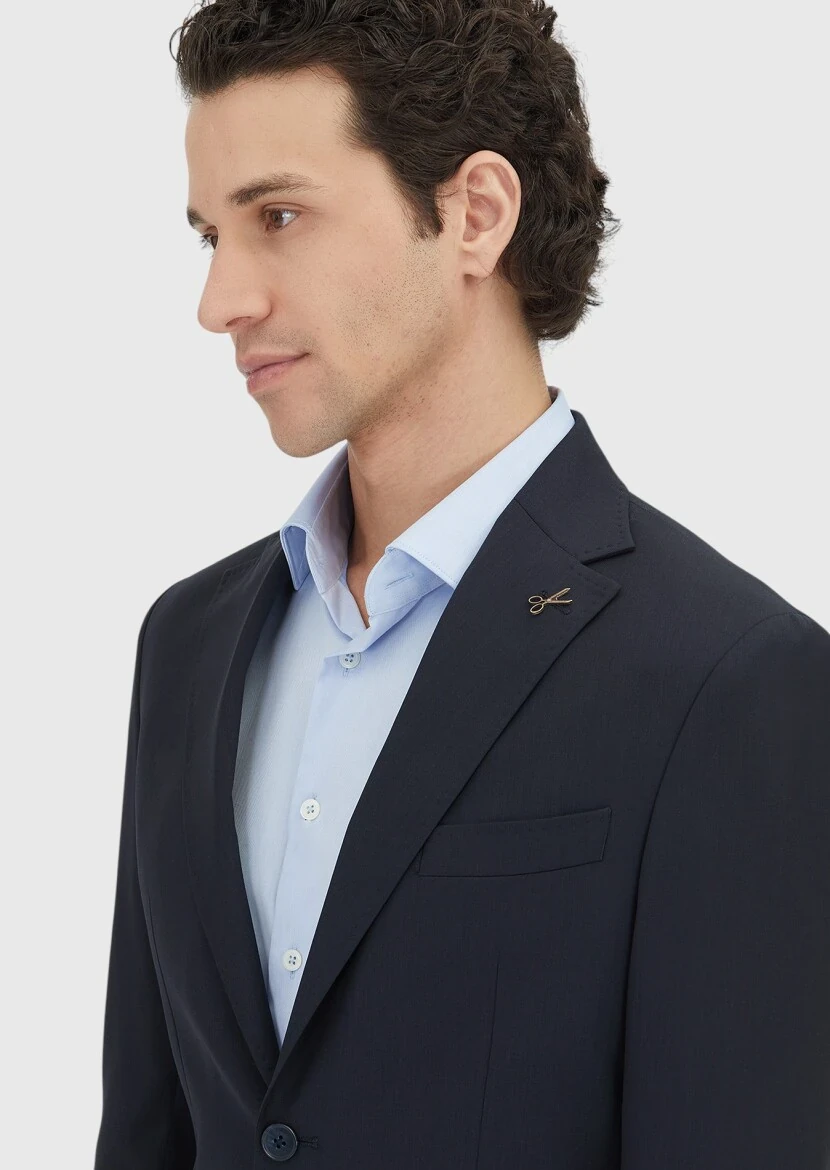 Koyu Lacivert Çizgili Zeroweight Slim Fit %100 Yün Takım Elbise - RAMSEY