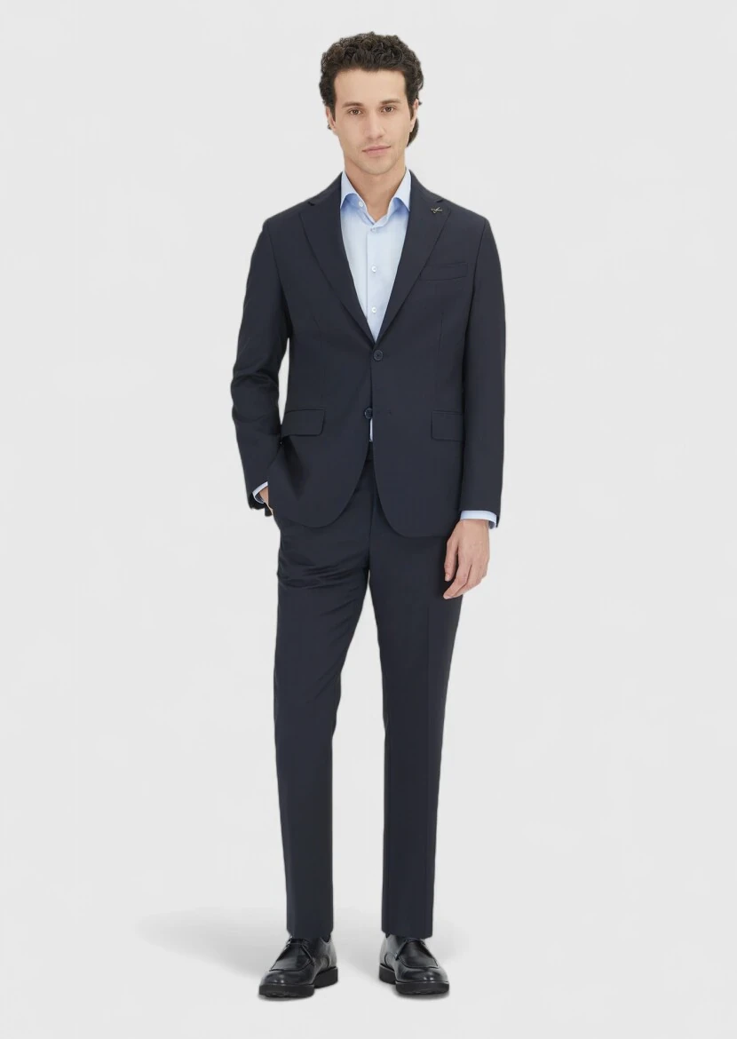 Koyu Lacivert Çizgili Zeroweight Slim Fit %100 Yün Takım Elbise - 3