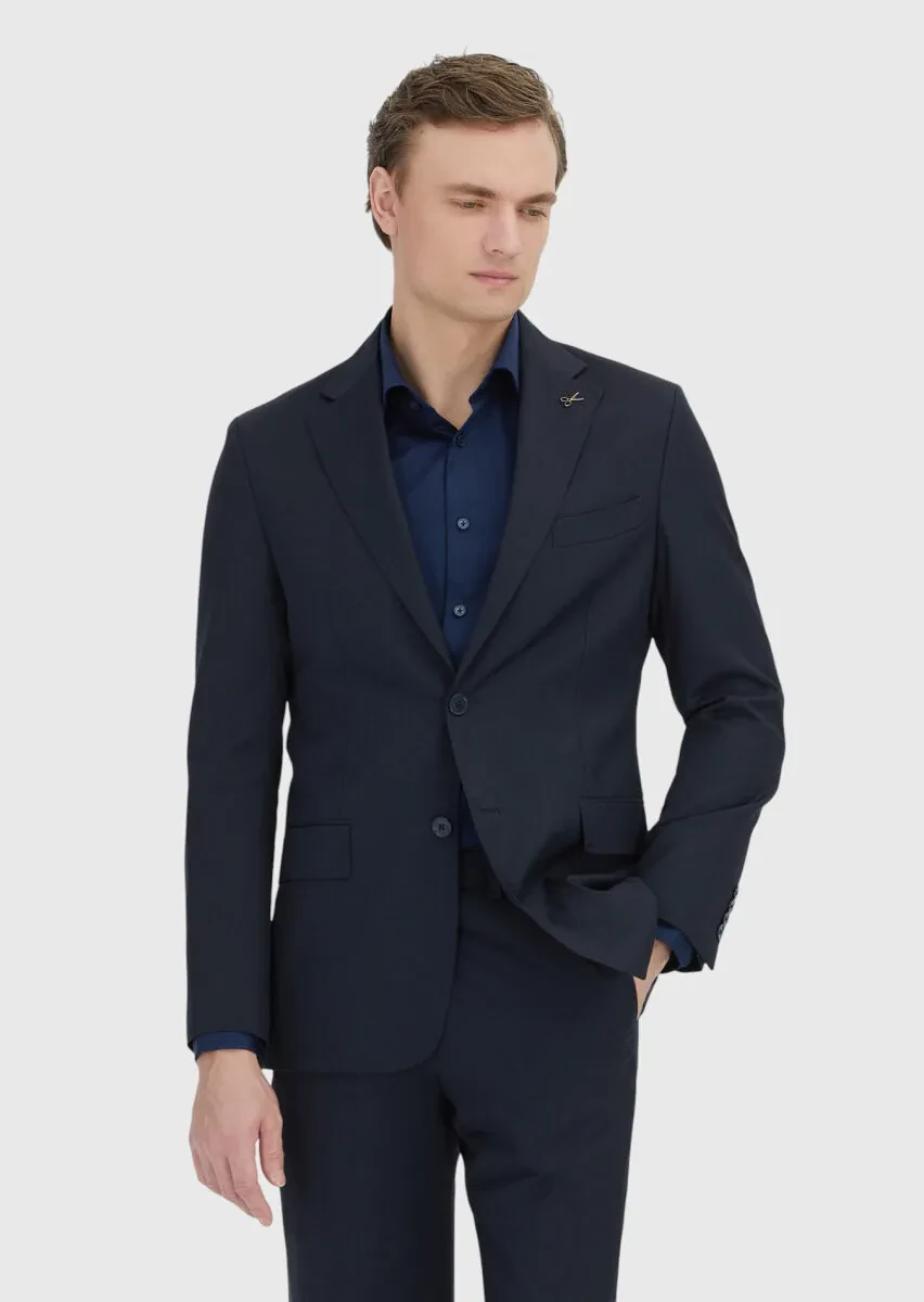 Koyu Lacivert Çizgili Zeroweight Slim Fit %100 Yün Takım Elbise - 2
