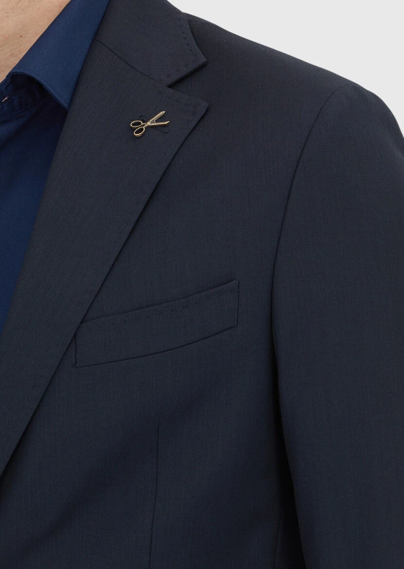 Koyu Lacivert Çizgili Zeroweight Slim Fit %100 Yün Takım Elbise - 3