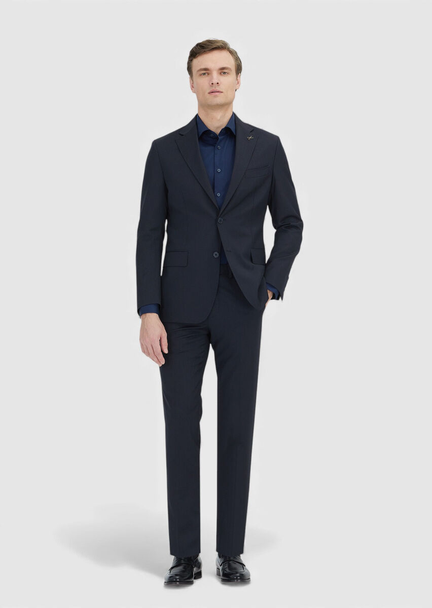 Koyu Lacivert Çizgili Zeroweight Slim Fit %100 Yün Takım Elbise - 1