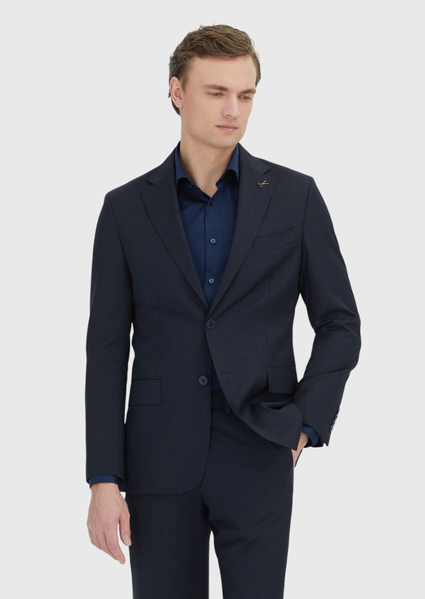 Koyu Lacivert Çizgili Zeroweight Slim Fit %100 Yün Takım Elbise - 2