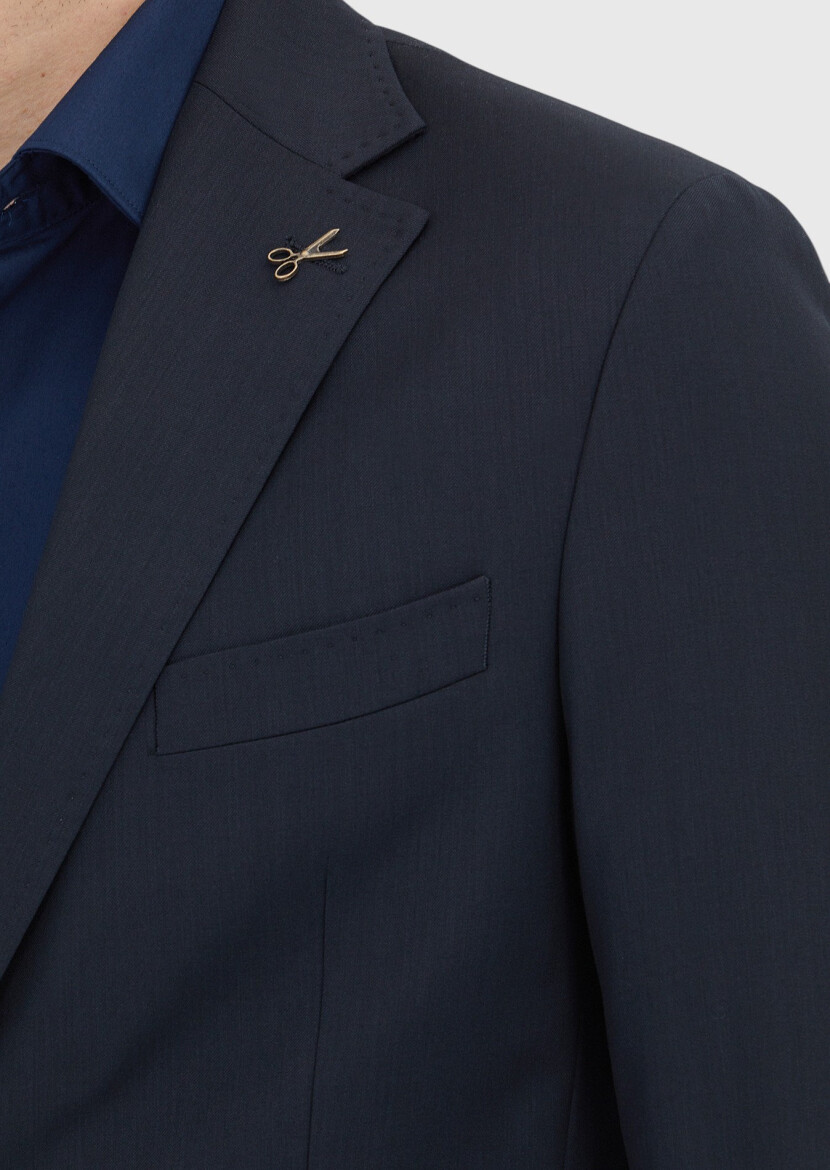 Koyu Lacivert Çizgili Zeroweight Slim Fit %100 Yün Takım Elbise - 3