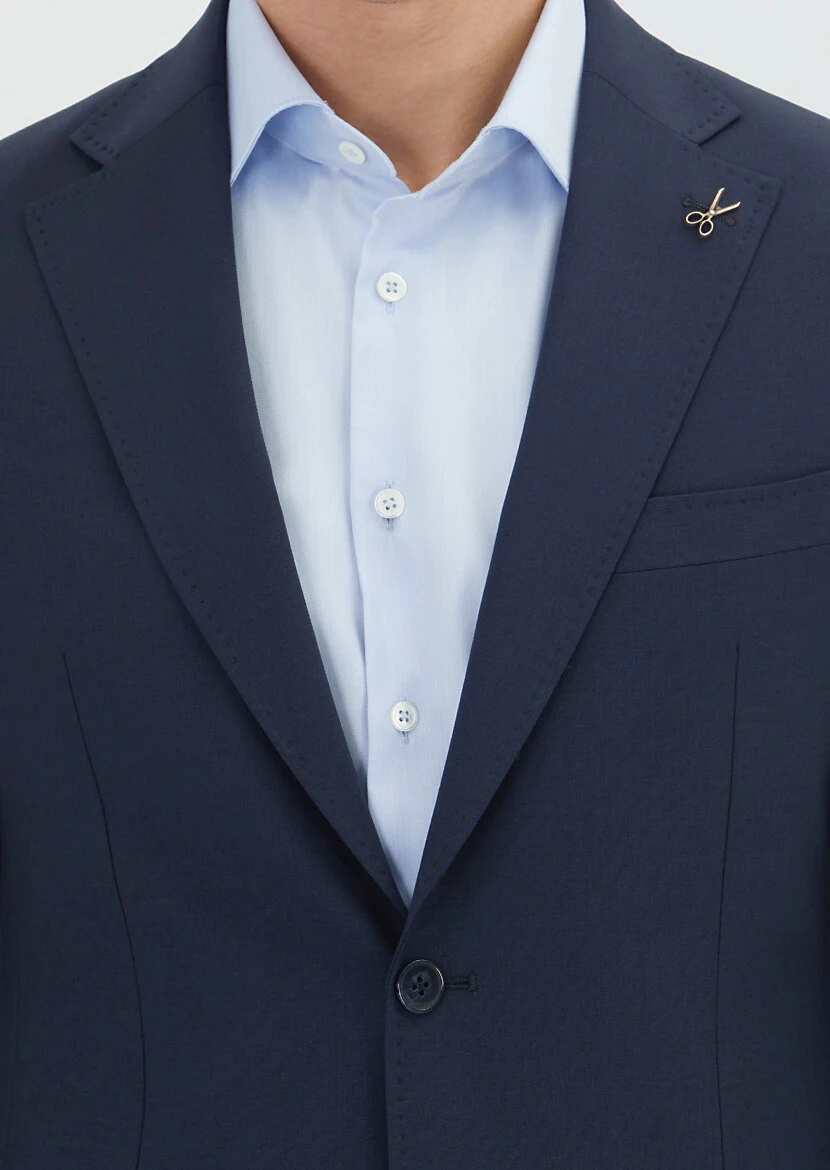 Koyu Lacivert Çizgili Zeroweight Slim Fit Yün Karışımlı Takım Elbise - 4