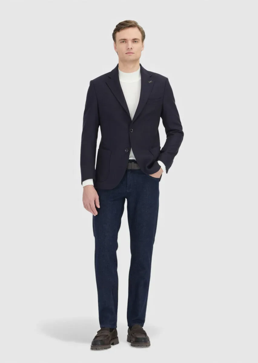 Koyu Lacivert Desenli %100 Yün Ceket - 2