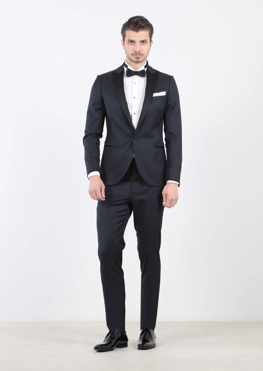 Koyu Lacivert Desenli Fashion Slim Fit Kruvaze Yaka Dokuma Smokin Takım Elbise - 1