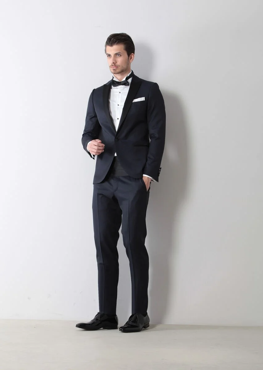 Koyu Lacivert Desenli Fashion Slim Fit Kruvaze Yaka Dokuma Smokin Takım Elbise - 2