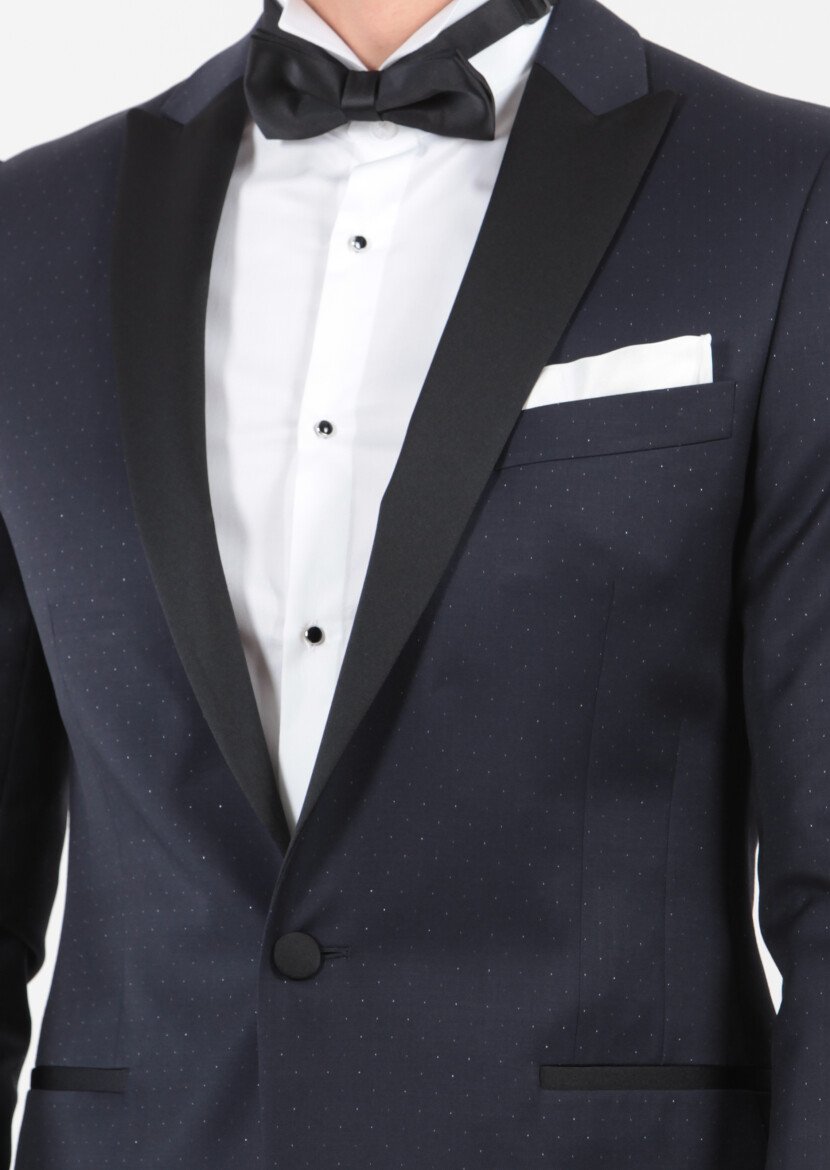 Koyu Lacivert Desenli Fashion Slim Fit Kruvaze Yaka Dokuma Smokin Takım Elbise - 3