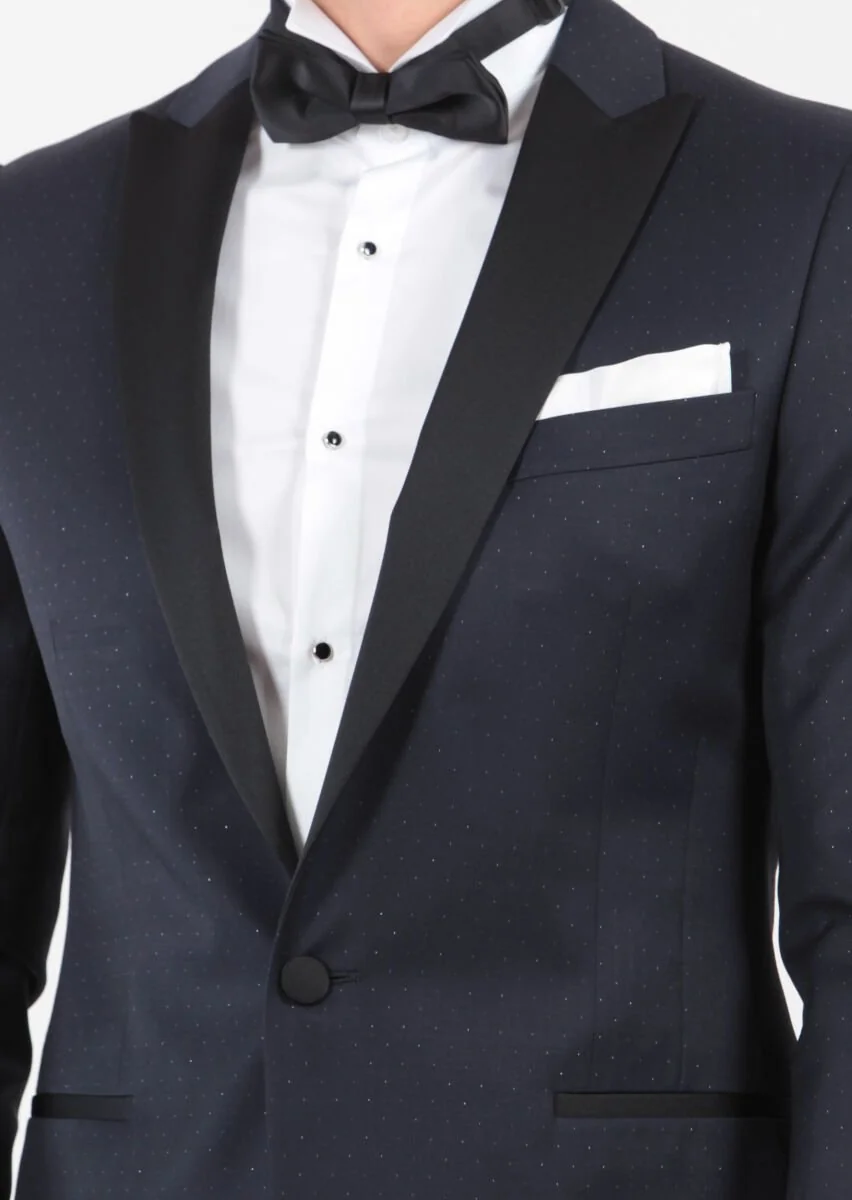 Koyu Lacivert Desenli Fashion Slim Fit Kruvaze Yaka Dokuma Smokin Takım Elbise - 3